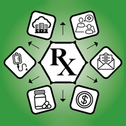 illustration with RX in the middle and other medical icons around