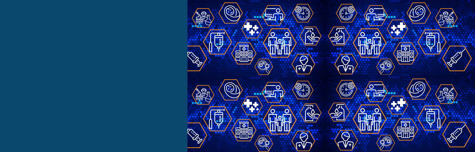 medical icons on a blue background with hexagon pattern