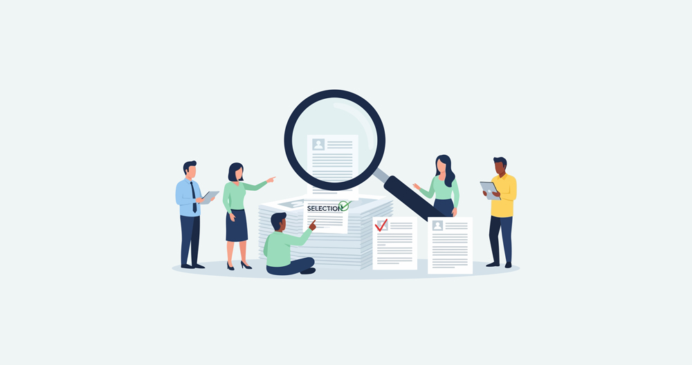illustration of a team reviewing documents closely