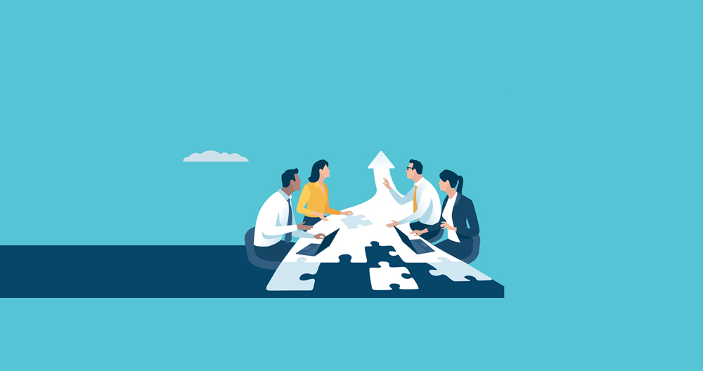 illustration of a team in a meeting and an arrow