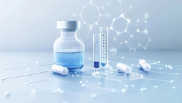 a collage of images creating a visualization of drug development workflow:  a medication vial, capsules, lab flasks and molecule model