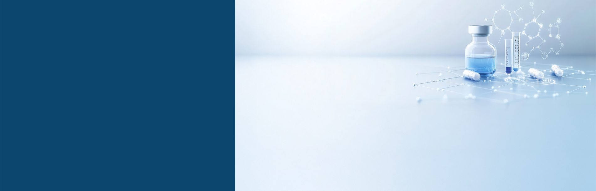 a collage of images creating a visualization of drug development workflow:  a medication vial, capsules, lab flasks and molecule model