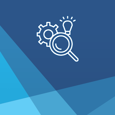 Illustration of gears, lightbulb and magnifying glass with blue background