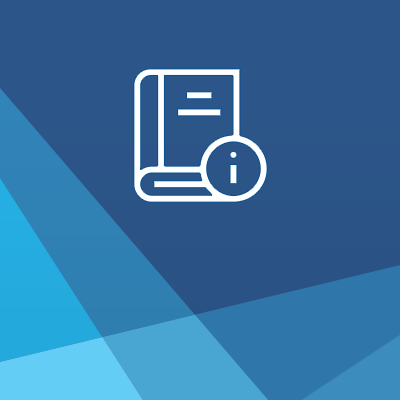 Illustration of a book with an information icon and blue background